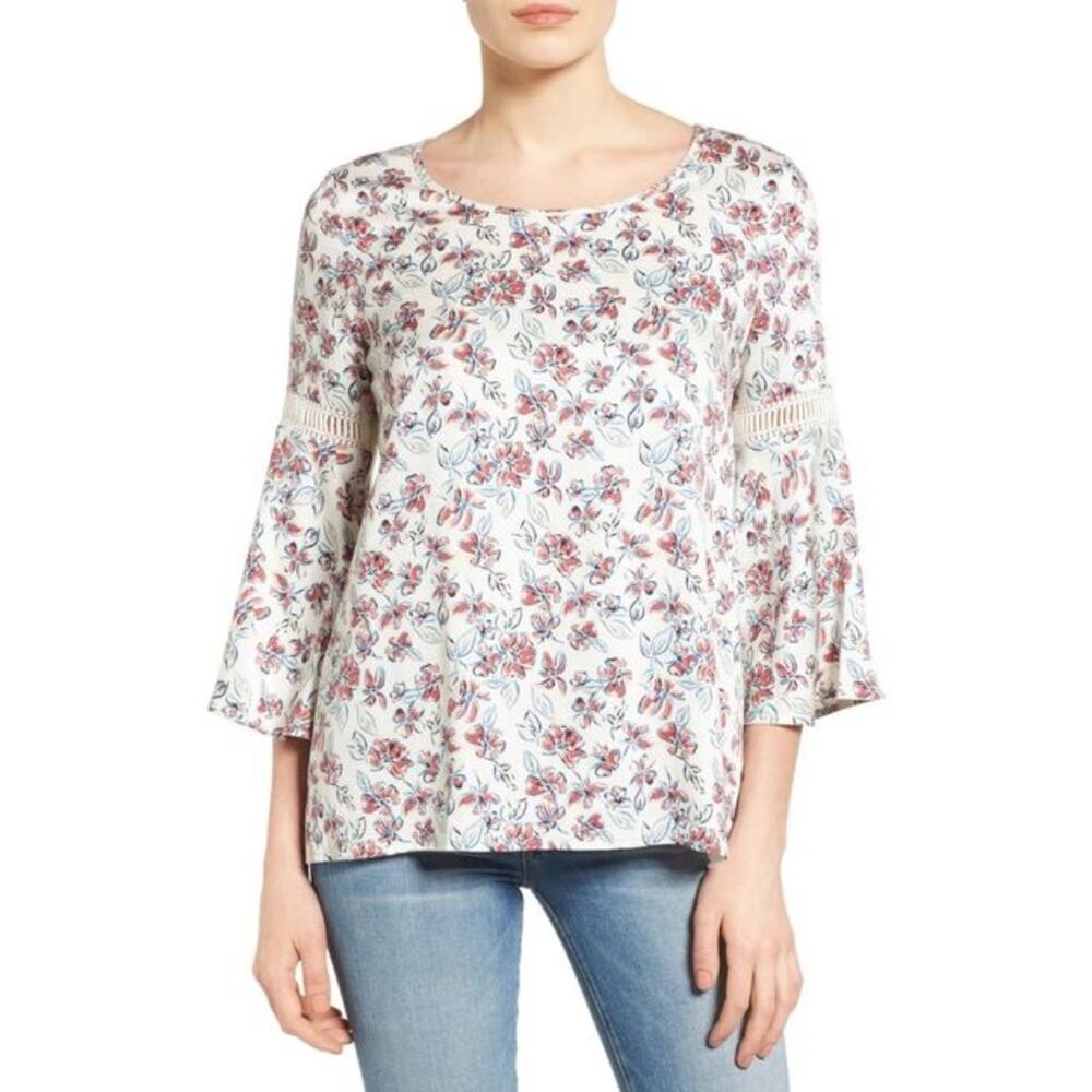 Pleione Floral Lace Inset Bell Sleeve Boho Blouse Sz MP